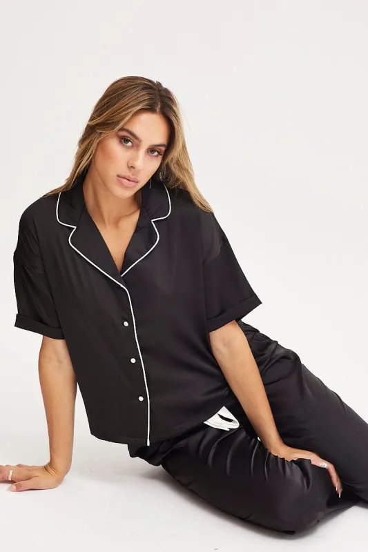 Black Satin Pajamas Set Short Sleeve sold by Ally Fashion