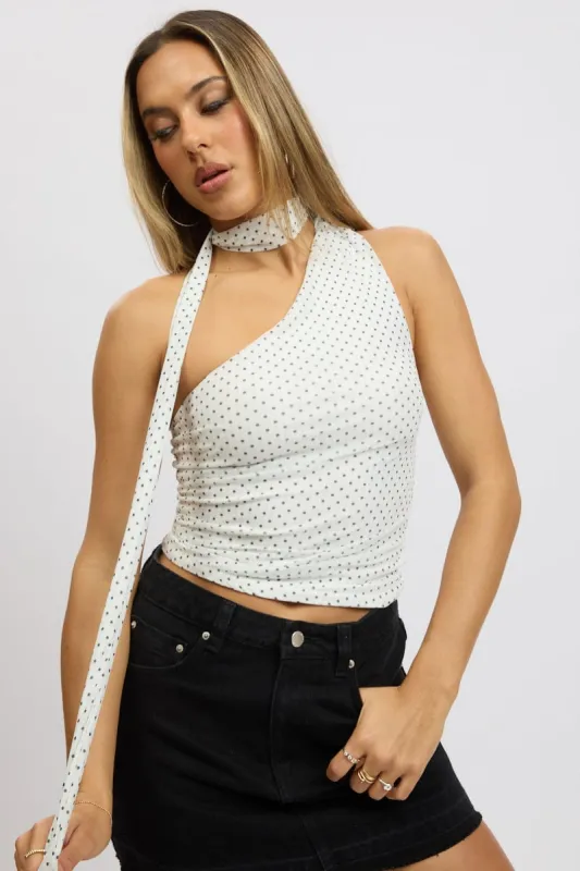 White Polka Dot One Shoulder Top Sleeveless Mesh sold by Ally Fashion