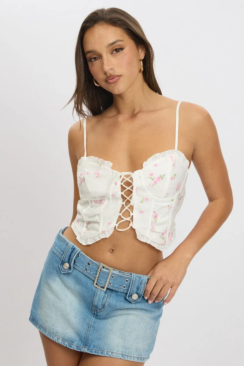 White Ditsy Cami Corset Top Sleeveless Lace Up sold by Ally Fashion product image thumbnail 2