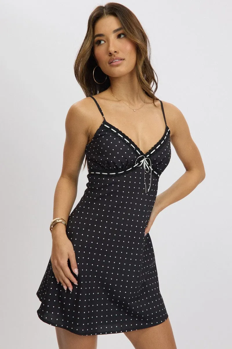 Black Polka Dot Mini Dress V-Neck Strappy sold by Ally Fashion