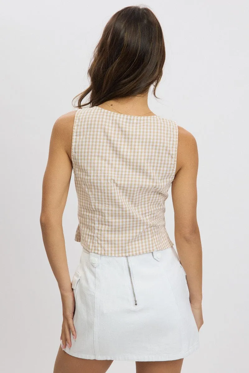 Beige Check Sleeveless Top Open Front sold by Ally Fashion product image thumbnail 5