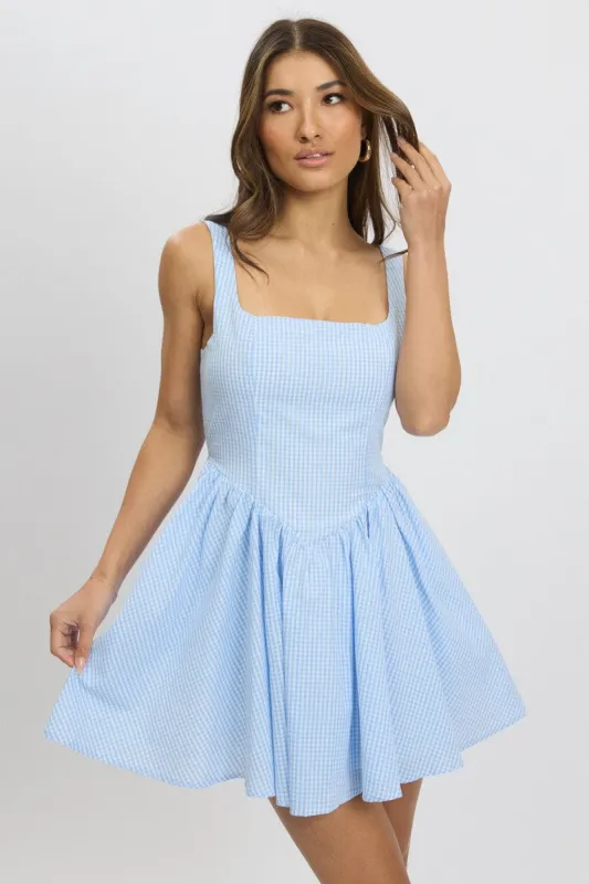 Blue Check Fit And Flare Dress Mini sold by Ally Fashion