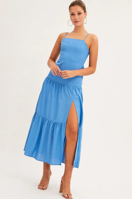 Blue Maxi Dress Sleeveless Square Neck Linen Blend sold by Ally Fashion