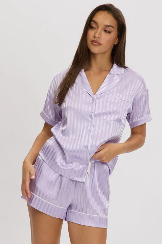 Purple Stripe Satin Pyjamas Set Short Sleeve sold by Ally Fashion