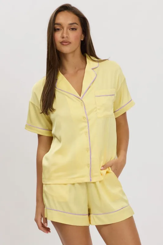 Yellow Satin Pyjamas Set Short Sleeve sold by Ally Fashion