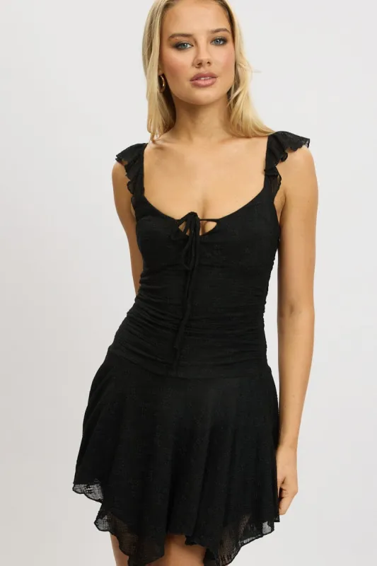 Black A-Line Dress Frilled Sleeve Mini Lace sold by Ally Fashion