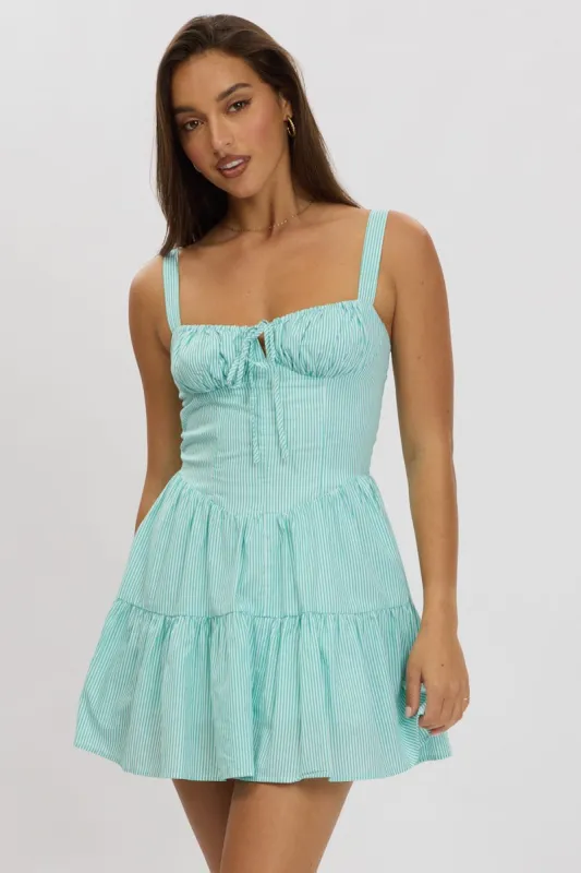 Green Stripe Fit And Flare Dress Mini Gathered Bust sold by Ally Fashion