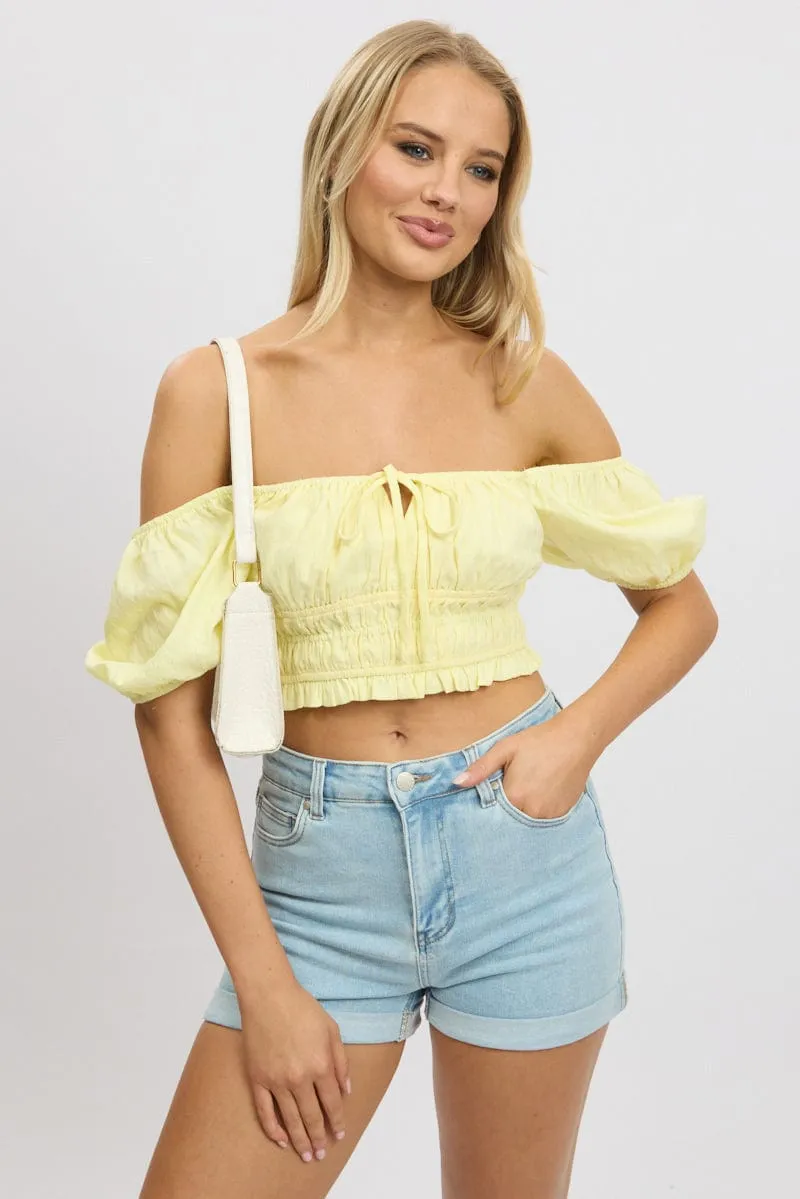 Yellow Crop Top Short Sleeve Shirred Waist sold by Ally Fashion