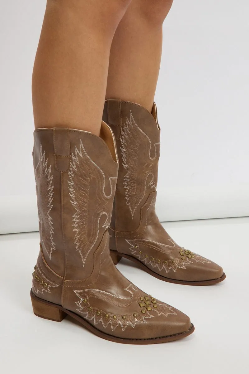 Brown Studded Cowboy Boots sold by Ally Fashion
