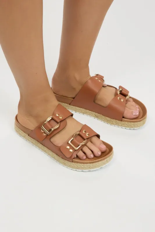Brown Double Strap Buckle Sandals sold by Ally Fashion
