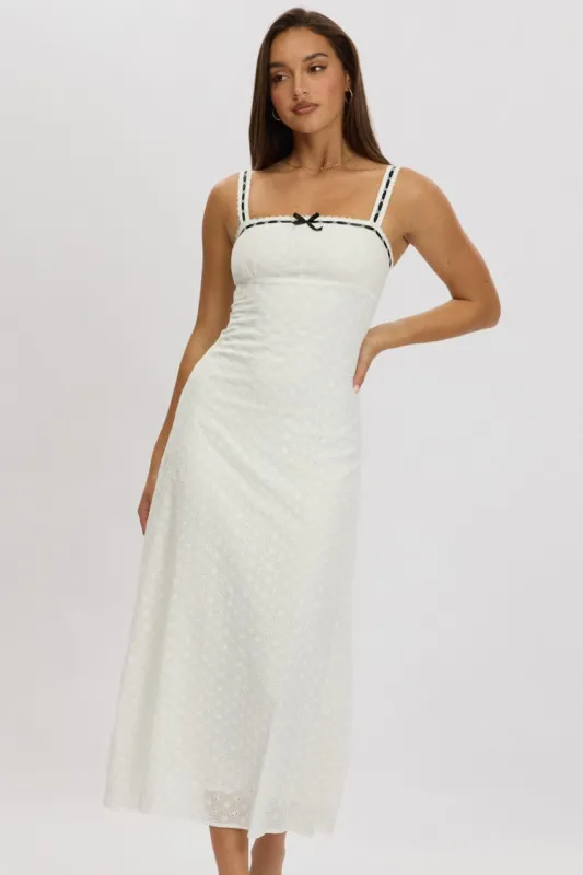 White Midi Dress Lace Trim Sleeveless Eyelet Fabric sold by Ally Fashion