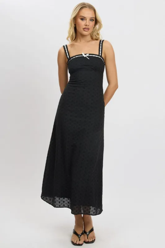 Black Midi Dress Lace Trim Sleeveless Eyelet Fabric sold by Ally Fashion