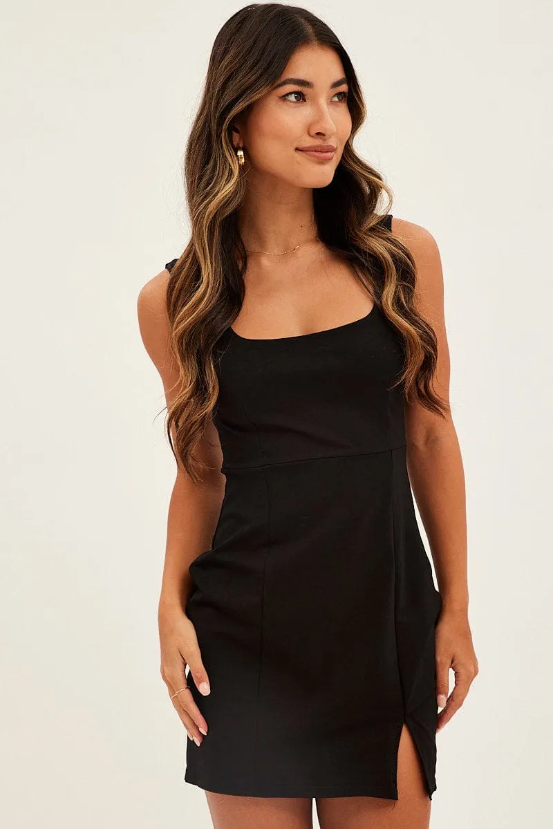 Black Bodycon Dress Front Split Square Scoop Neck sold by Ally Fashion