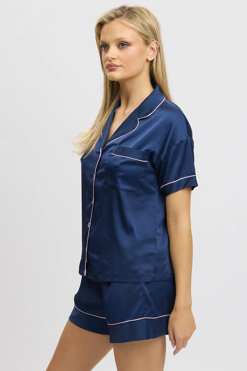 Blue Satin Pajamas Set Short Sleeve sold by Ally Fashion product image thumbnail 4