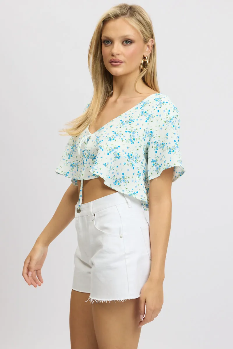Blue Floral Tie Up Top Short Sleeve Crop sold by Ally Fashion product image thumbnail 4