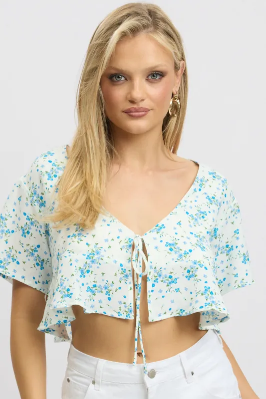 Blue Floral Tie Up Top Short Sleeve Crop sold by Ally Fashion