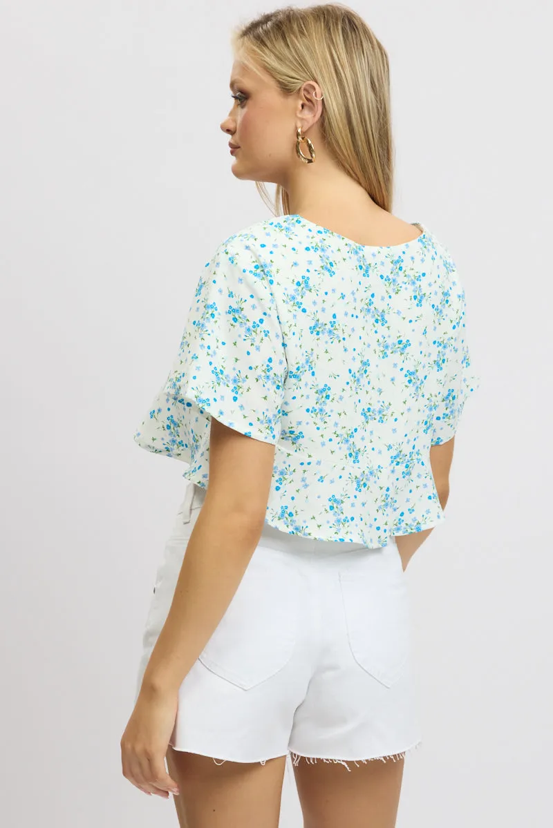 Blue Floral Tie Up Top Short Sleeve Crop sold by Ally Fashion product image thumbnail 5