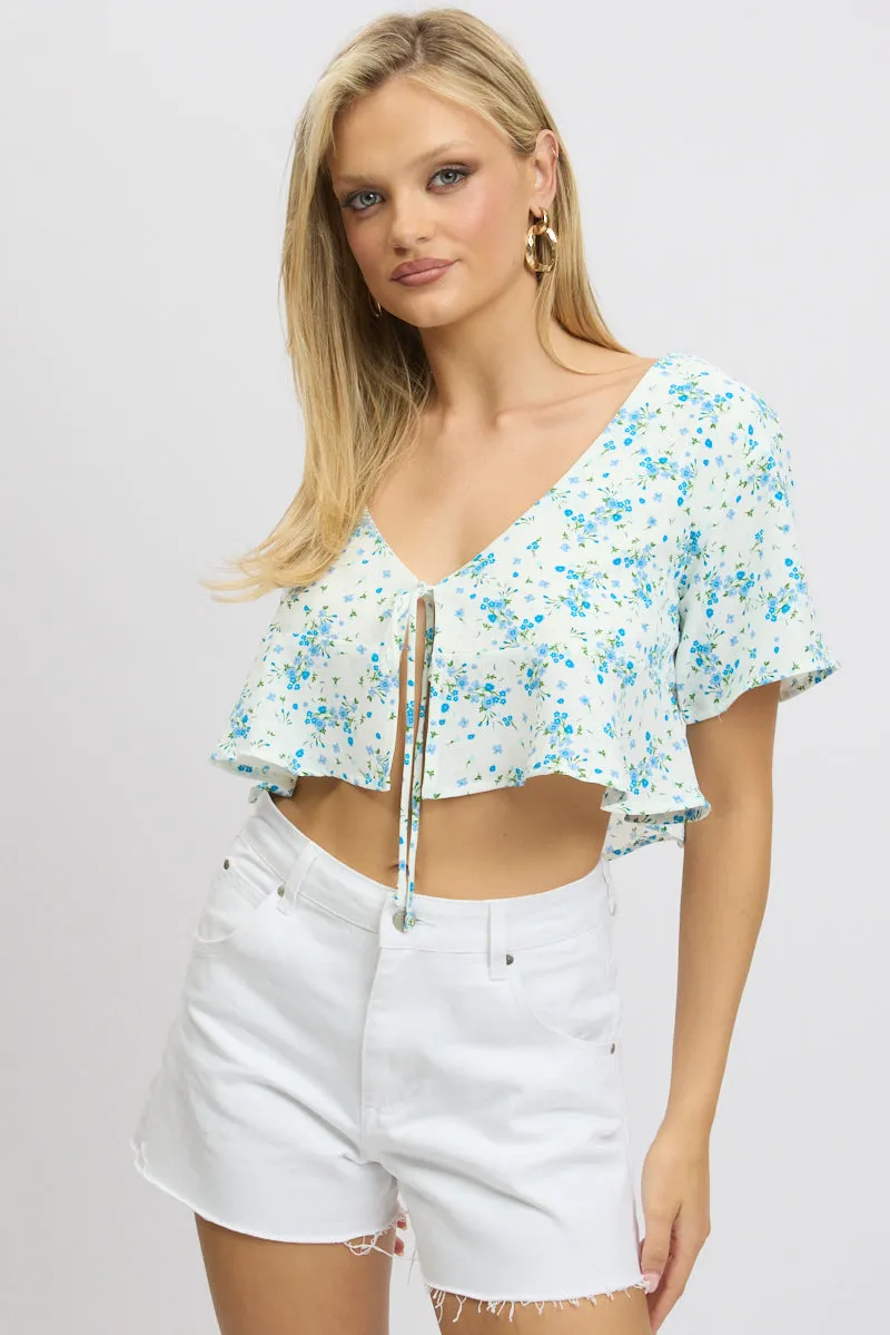 Blue Floral Tie Up Top Short Sleeve Crop sold by Ally Fashion product image thumbnail 3