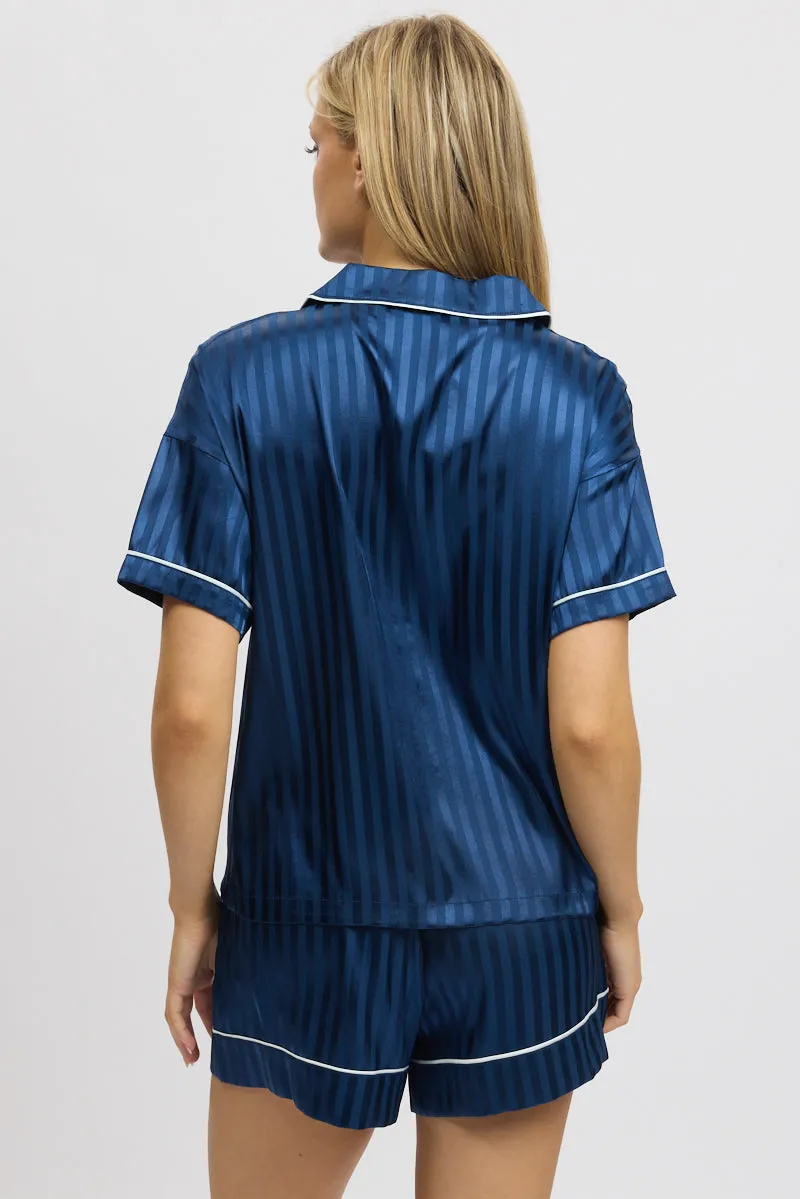 Blue Stripe Satin Pyjamas Set Short Sleeve sold by Ally Fashion product image thumbnail 5