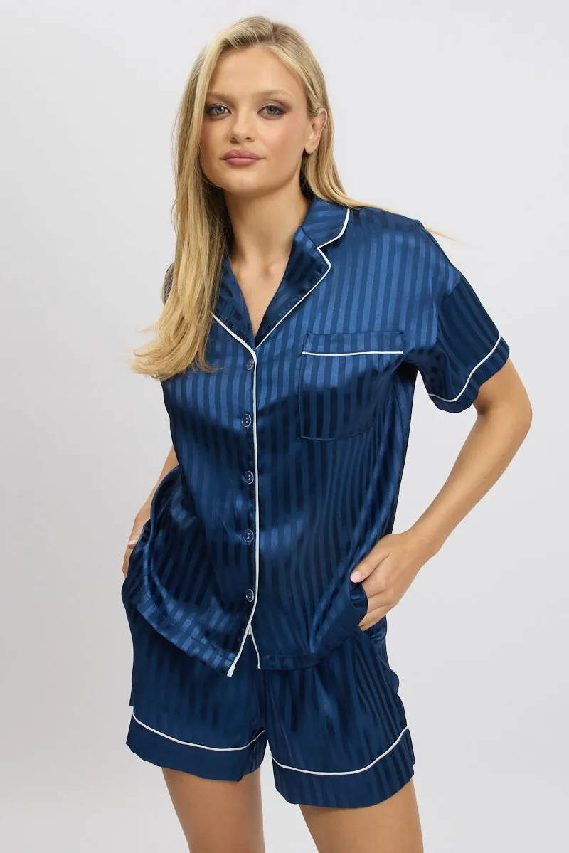 Blue Stripe Satin Pyjamas Set Short Sleeve sold by Ally Fashion product image thumbnail 3