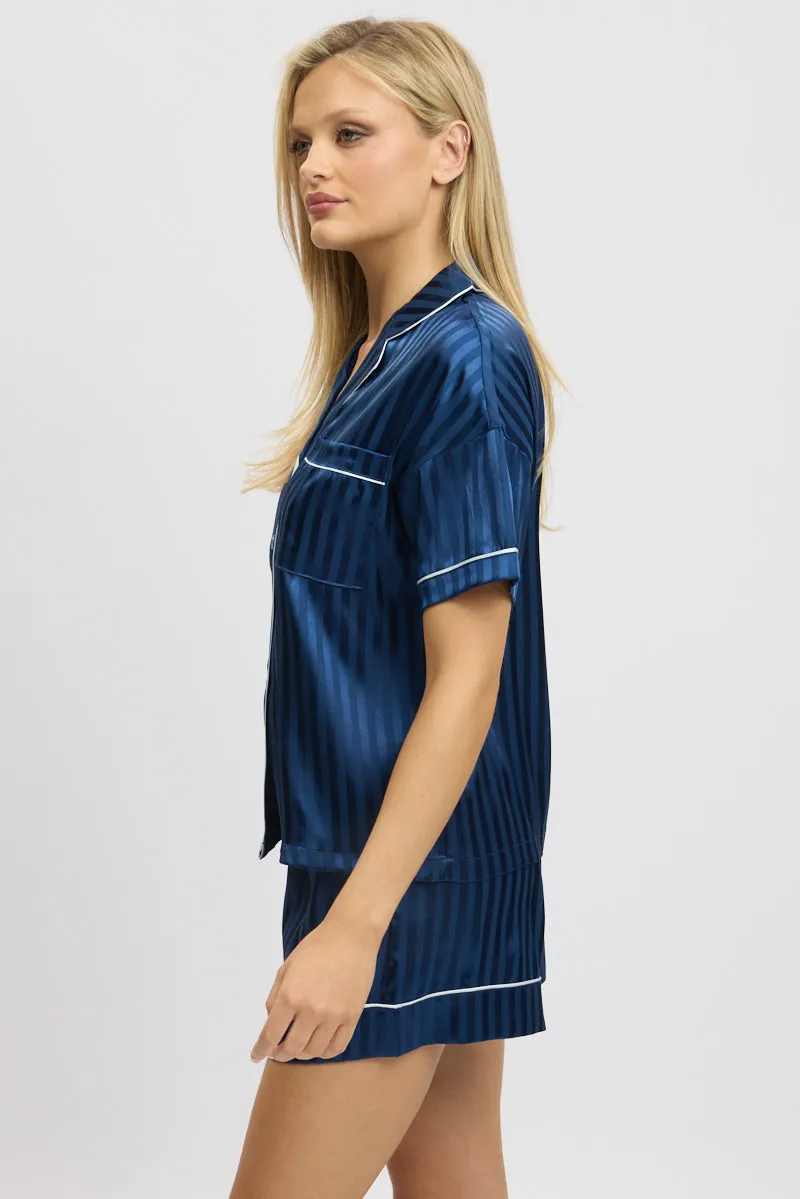 Blue Stripe Satin Pyjamas Set Short Sleeve sold by Ally Fashion product image thumbnail 4