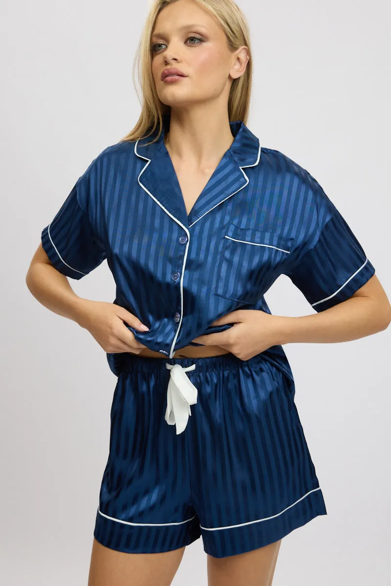 Blue Stripe Satin Pyjamas Set Short Sleeve sold by Ally Fashion