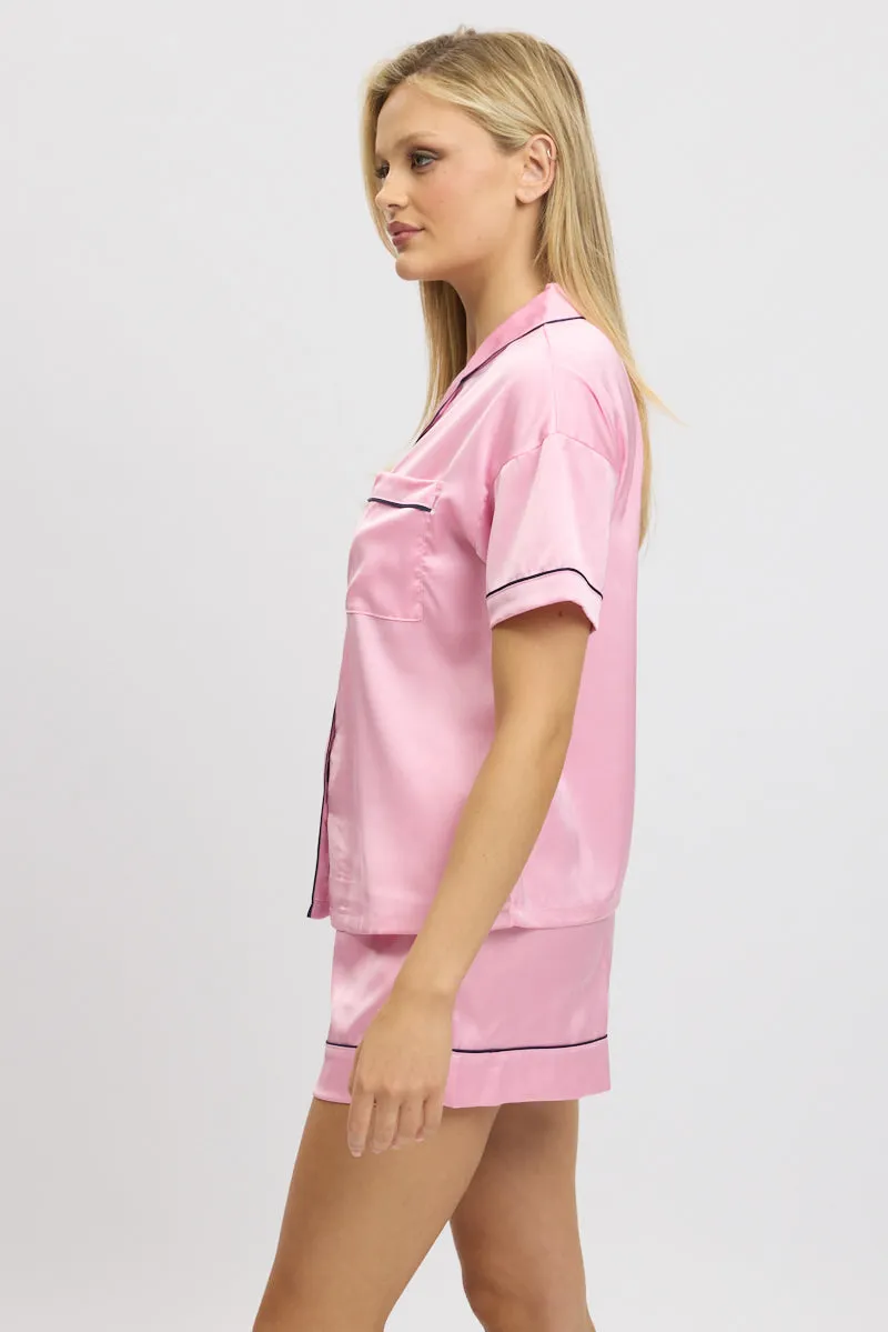 Pink Satin Pyjamas Set Short Sleeve sold by Ally Fashion product image thumbnail 4