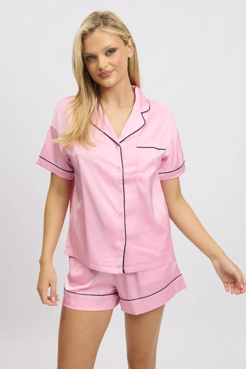 Pink Satin Pyjamas Set Short Sleeve sold by Ally Fashion