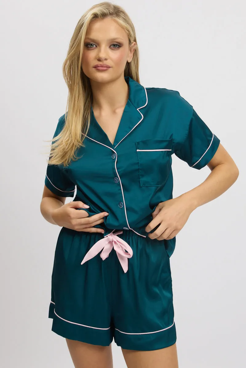 Green Satin Pyjamas Set Short Sleeve sold by Ally Fashion
