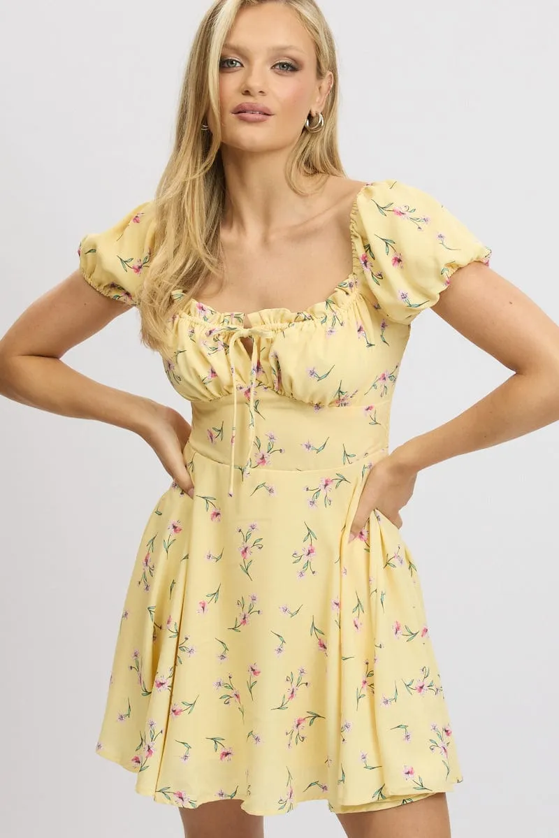Yellow Floral Fit And Flare Dress Mini sold by Ally Fashion