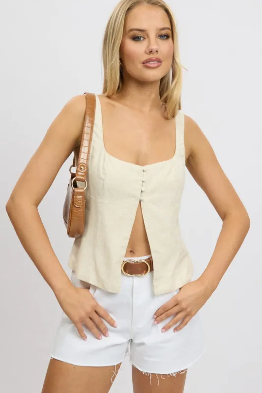 Beige Open Front Top Sleeveless Linen Blend sold by Ally Fashion