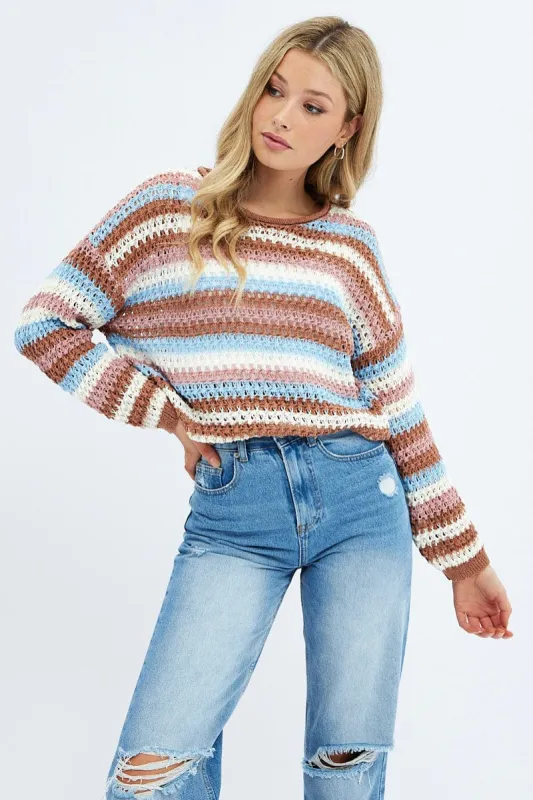 Stripe Knit Top Long Sleeve Relaxed Crew Neck sold by Ally Fashion