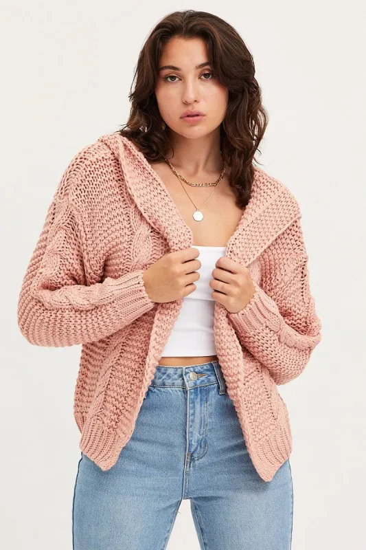 Pink Knit Cardigan Long Sleeve Hoodie sold by Ally Fashion