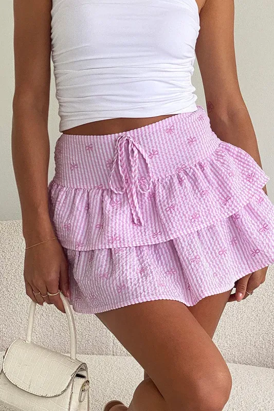 Pink Stripe Ruffle Mini Skirt High Rise Shirred Back Tiered sold by Ally Fashion