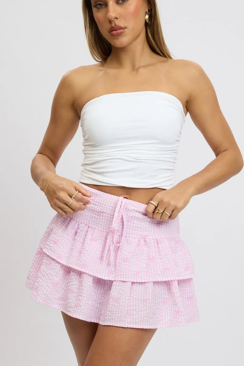 Pink Stripe Ruffle Mini Skirt High Rise Shirred Back Tiered sold by Ally Fashion product image thumbnail 2