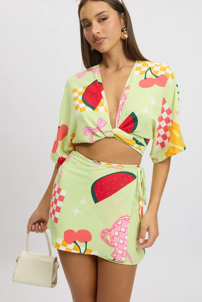 Green Abstract Wrap Skirt High Rise Mini sold by Ally Fashion