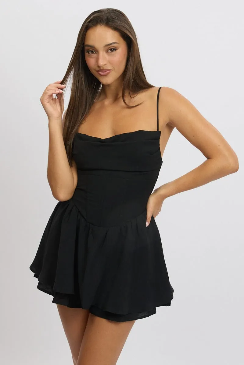 Black Floral Playsuit Cowlneck Strappy sold by Ally Fashion