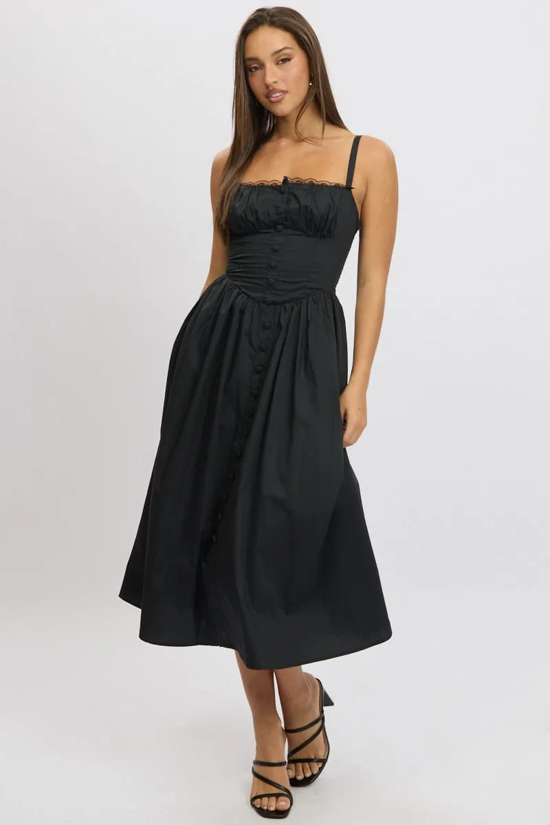 Black Midi Dress Lace Trim Corset Detail Poplin sold by Ally Fashion