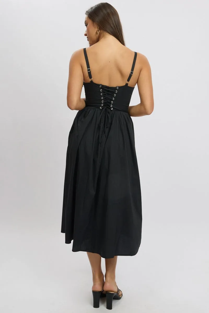 Black Midi Dress Lace Trim Corset Detail Poplin sold by Ally Fashion product image thumbnail 5