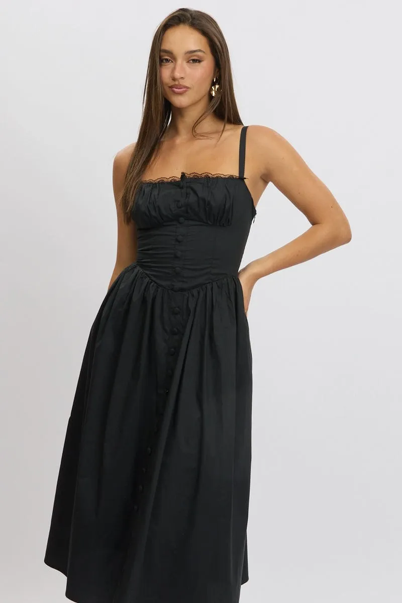 Black Midi Dress Lace Trim Corset Detail Poplin sold by Ally Fashion product image thumbnail 2