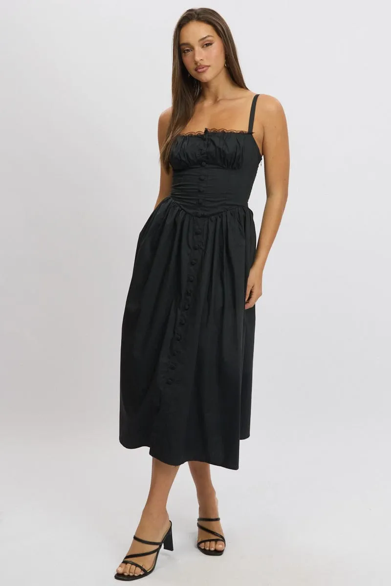Black Midi Dress Lace Trim Corset Detail Poplin sold by Ally Fashion product image thumbnail 3