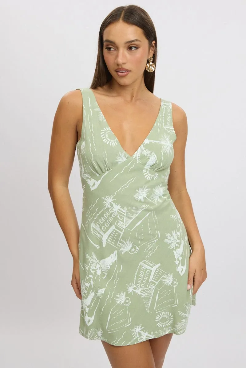Green Abstract A Line Mini Dress Sleeveless sold by Ally Fashion