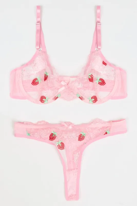 Pink Strawberry Embroidery Lingerie Set sold by Ally Fashion