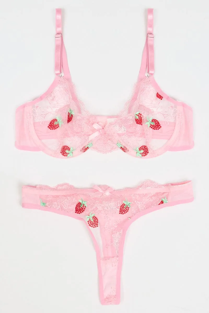 Pink Strawberry Embroidery Lingerie Set sold by Ally Fashion