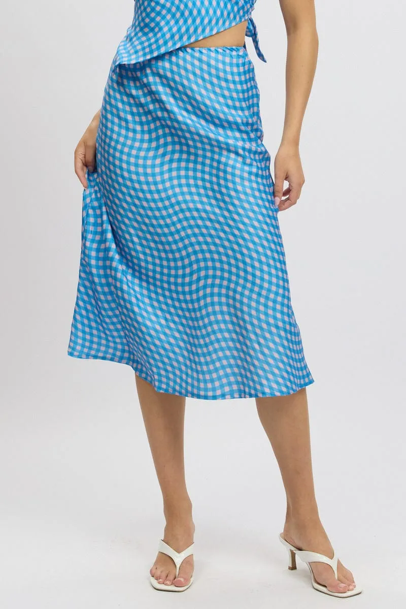 Blue Check Slip Skirt High Rise Elasticated Waistband Midaxi sold by Ally Fashion