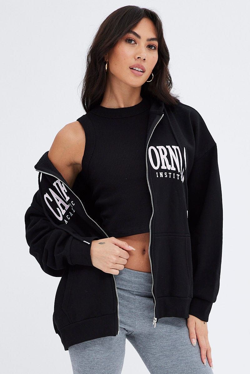Black Hoodie Zip Long Sleeves Applique sold by Ally Fashion