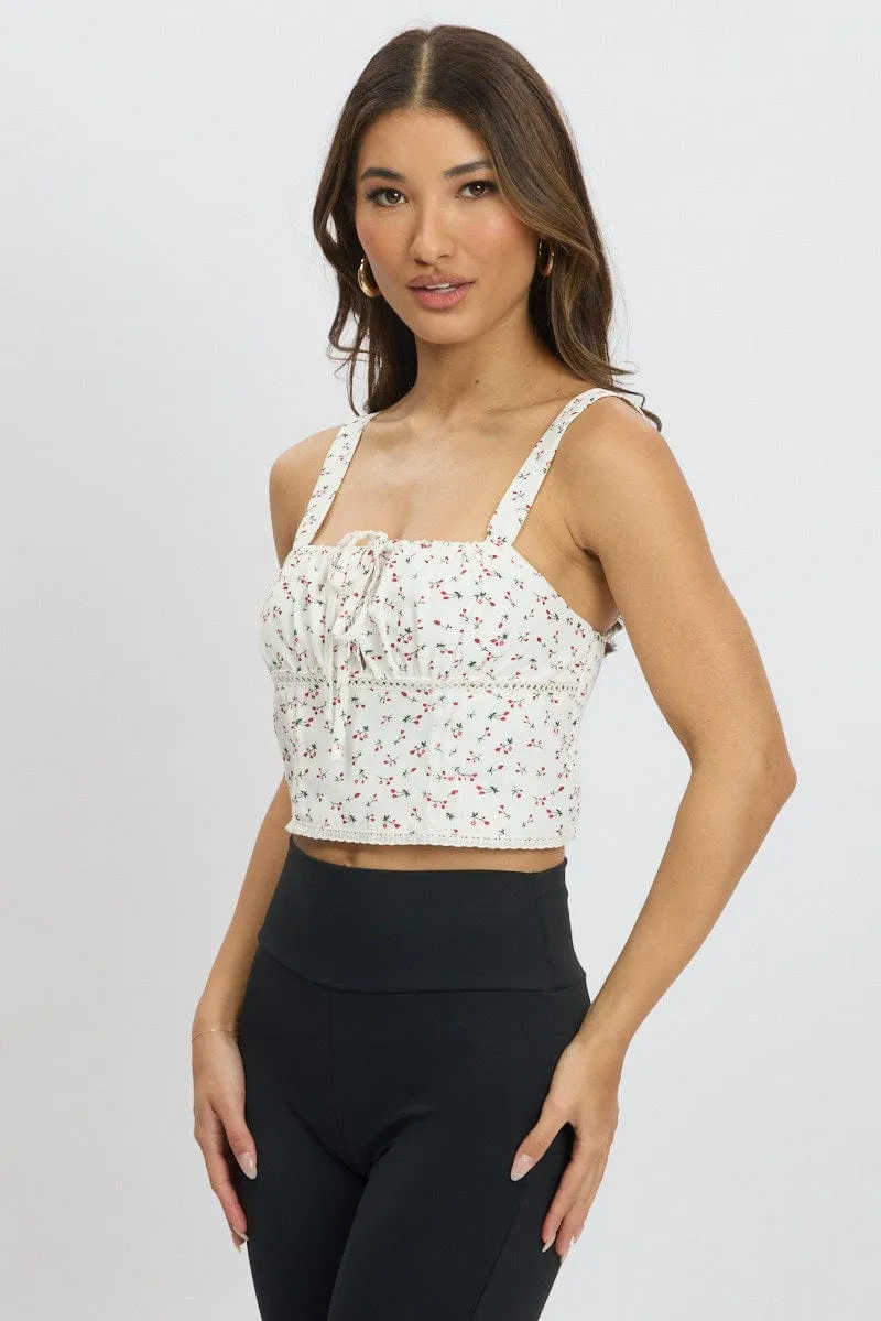 White Ditsy Crop Top Sleeveless Gathered Bust sold by Ally Fashion product image thumbnail 4