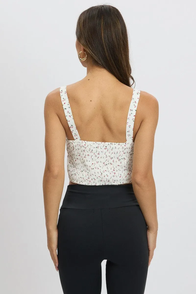 White Ditsy Crop Top Sleeveless Gathered Bust sold by Ally Fashion product image thumbnail 5
