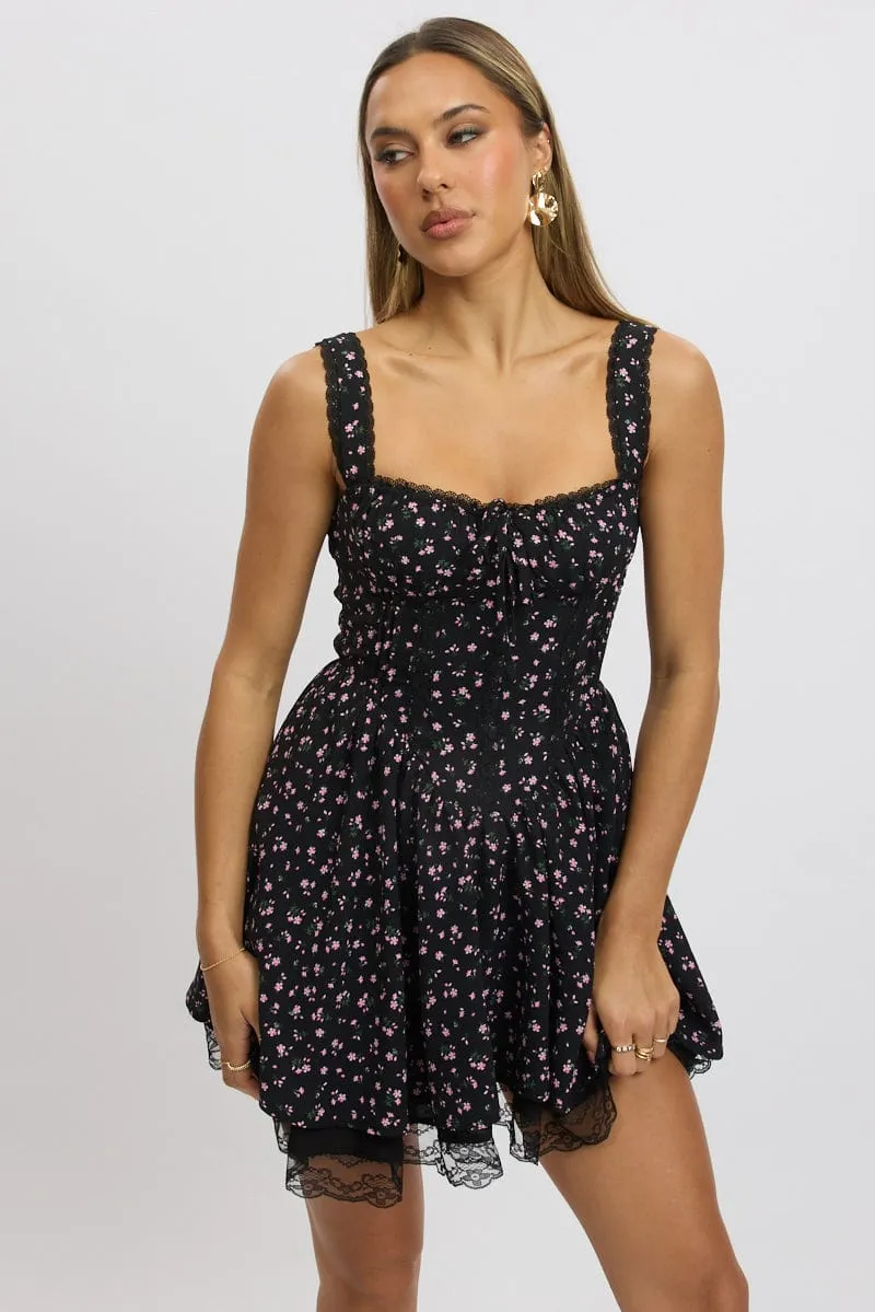 Black Ditsy Fit And Flare Dress Corset Detail Mini sold by Ally Fashion product image thumbnail 3