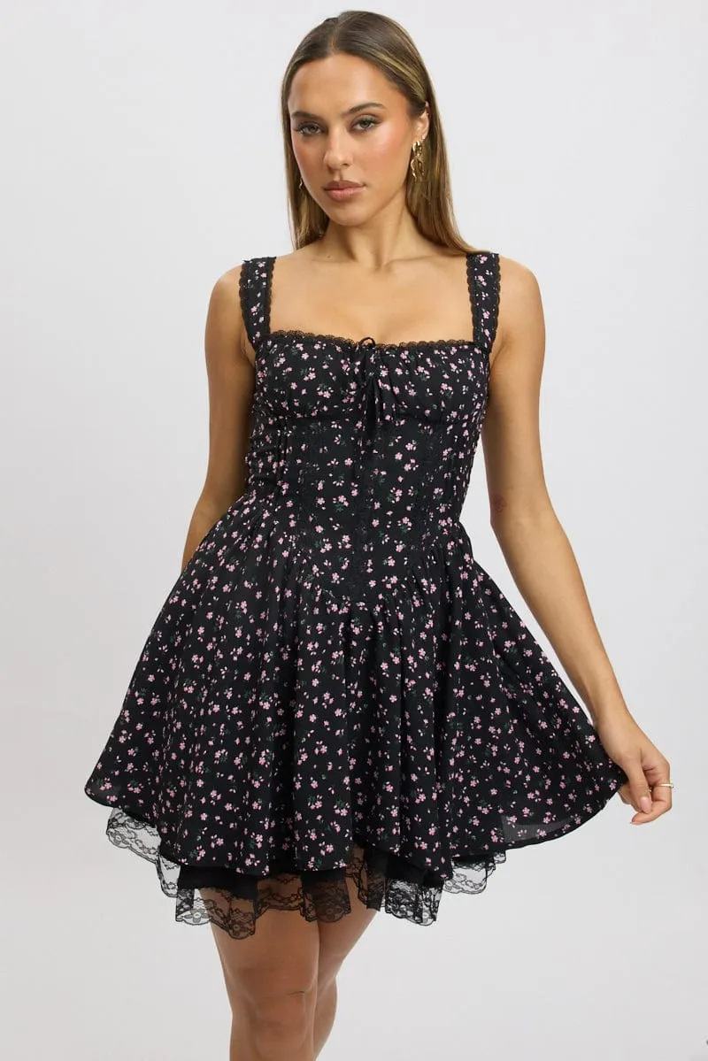 Black Ditsy Fit And Flare Dress Corset Detail Mini sold by Ally Fashion